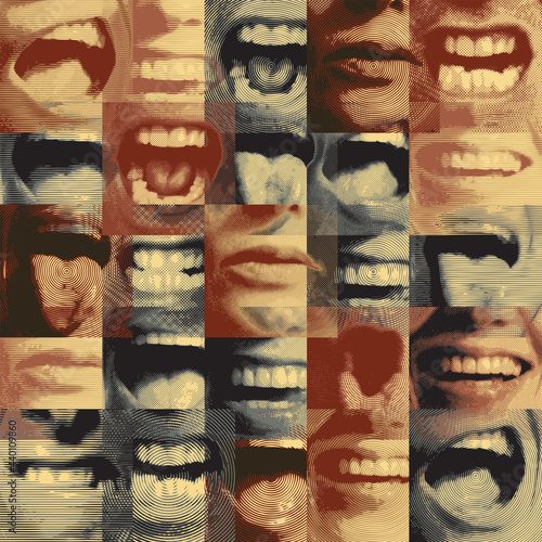 Seamless pattern with human mouths expressing different emotions-smiling, surprised, shocked, cheerful, angry, scared. Creative vector background in retro style. Wallpaper, wrapping paper, fabric