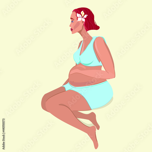 A pregnant woman sits in her underwear and holds her belly. Modern illustration