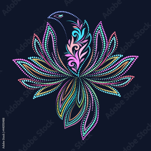 Colorful bird with beads - floral folk art traditional pattern. Vector logo design.