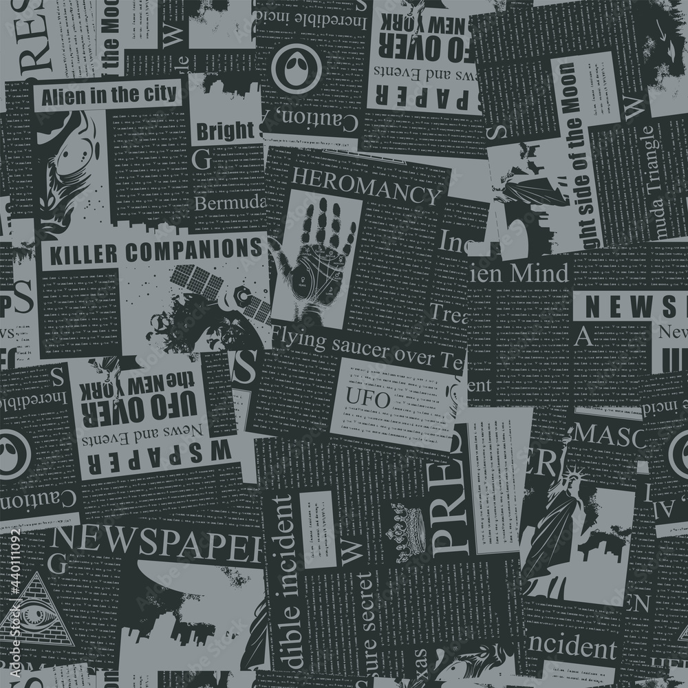 Vecteur Stock Monochrome seamless pattern with a collage of newspaper  clippings. Abstract background in grey and black colors with unreadable  text, headlines and illustrations. Wallpaper, wrapping paper, fabric |  Adobe Stock
