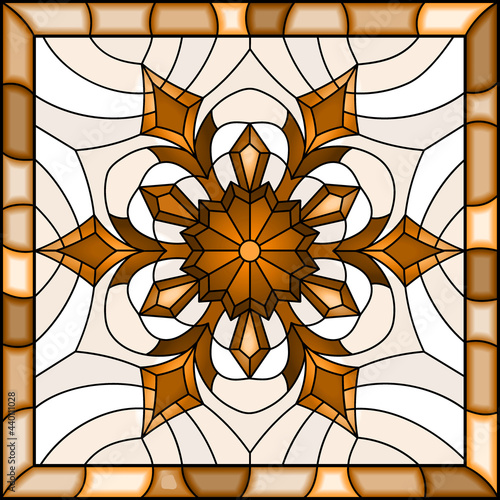 Illustration in stained glass style with snowflake in blue colors in a frame,monochrome,tone brown