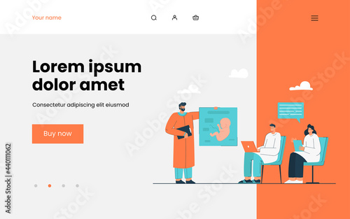Medical students at lecture vector illustration. Male and female students listening to teacher. Doctor showing illustration of human fetus. Education concept for banner, website design or landing page