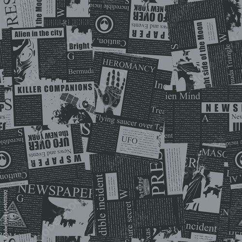 Monochrome seamless pattern with a collage of newspaper clippings. Abstract background in grey and black colors with unreadable text, headlines and illustrations. Wallpaper, wrapping paper, fabric