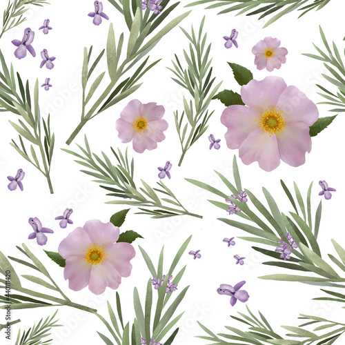 Floral pattern with realistic delicate rose flowers and leaves  rosemary  ingredients for herbal tea. Plant background for fashion  wallpapers  print. A lot of different flowers on the field. 