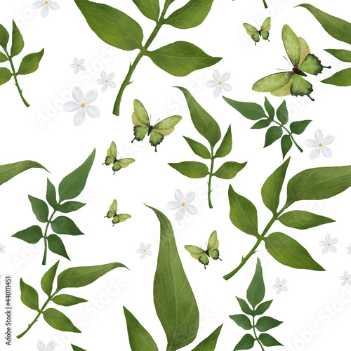 Floral pattern with realistic delicate flowers and leaves  ingredients for herbal tea. Seamless botanical background in vintage style. Texture for fabric  paper