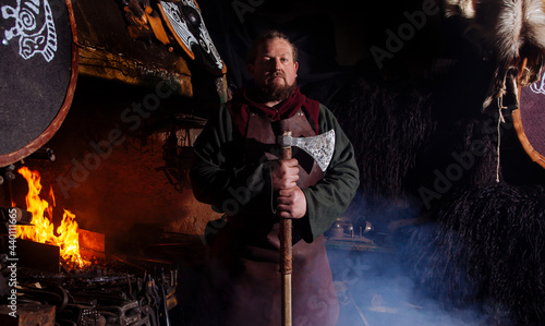 Viking forge weapon sword man warrior clothe fire