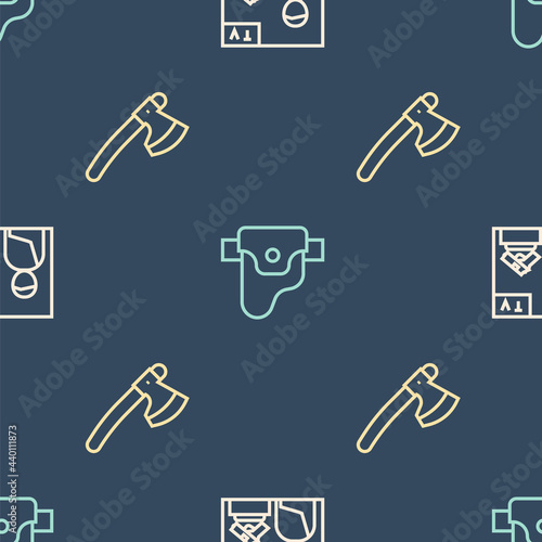 Set line Advertising weapon, Wooden axe and Gun holster on seamless pattern. Vector