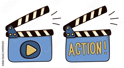Colored movie clapperboard icon. Hand drawn sketch film clapper for cinema production in artistic doodle style. Front closeup view with word. Action. Movie clapper for filmmaking. Art movie clapboard.