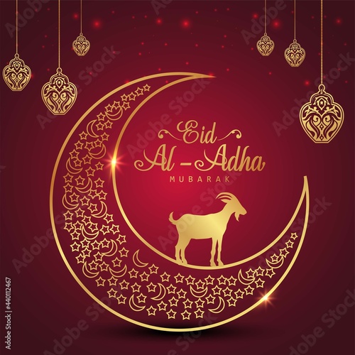 Eid Mubarak for the celebration of Muslim community festival Eid Al Adha. Greeting card with sacrificial sheep and crescent on red background. Vector illustration.