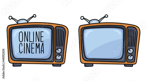 Set of comic colorful TV. TV with empty screen for your text, and TV with handwritten lettering. Hand drawn vector sketch of color television. Cartoon mock up of old lamp television. Doodle style.