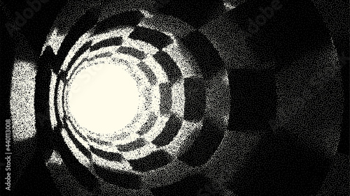 Retro styled docking corridor on space station or light at the end of tunnel concept for sci-fi poster or flyer. Gate or cave with dotwork style.