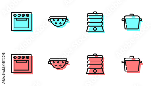 Set line Slow cooker, Oven, Kitchen colander and Cooking pot icon. Vector