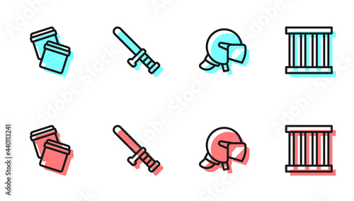 Set line Police helmet, Plastic bag with ziplock, rubber baton and Prison window icon. Vector