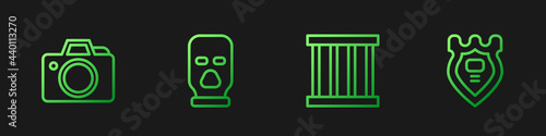 Set line Prison window, Photo camera, Balaclava and Police badge. Gradient color icons. Vector