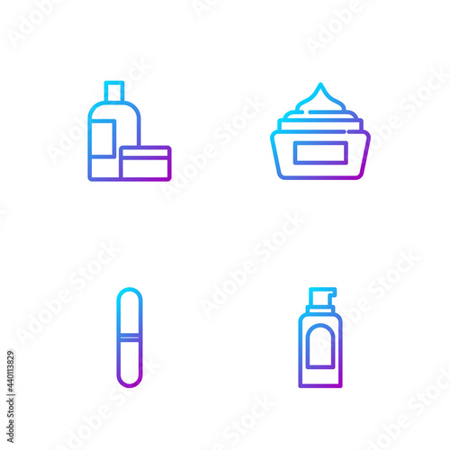 Set line Spray can for hairspray, Nail file, Cream lotion cosmetic tube and . Gradient color icons. Vector