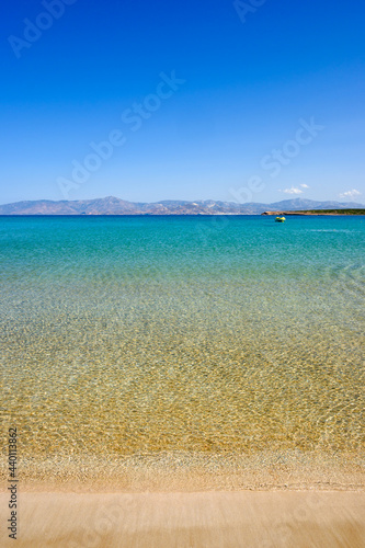 Fototapeta Naklejka Na Ścianę i Meble -  Santa Maria beach with crystal clear water and soft sand. Paros island, Cyclades, Greece
