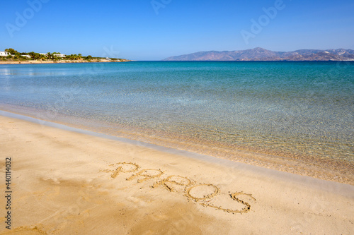 Santa Maria beach located near Naoussa, in Plastira Bay on Paros island. Cyclades, Greece