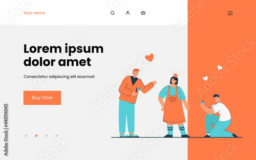 Two men courting woman vector illustration. Male characters offering flowers and jewelry to female. Woman wearing imaginary crown. Love contest concept for banner, website design or landing page