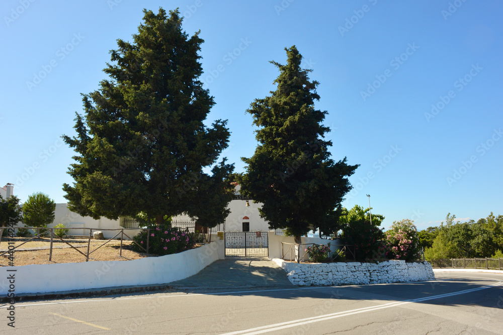 Kalopetra Monastery, Rhodes, Greece with street and panorama view