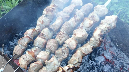 Frying pork on a skewer over a brazier. Appetizing shish kebab. Delicious barbecue.