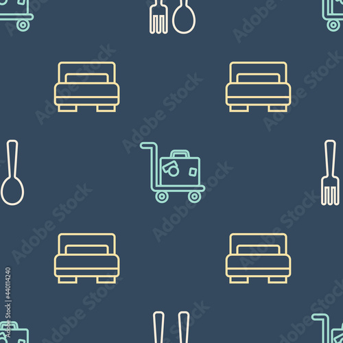 Set line Fork and spoon, Hotel room bed and Suitcase on seamless pattern. Vector