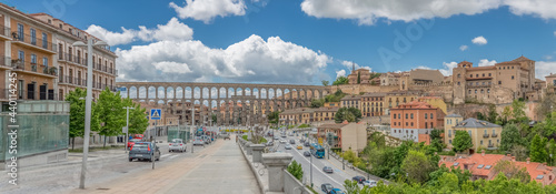 Amazing panoramic view at the Plaza Oriental and Towering Roman aqueduct and grand landmark monument of Segovia photo
