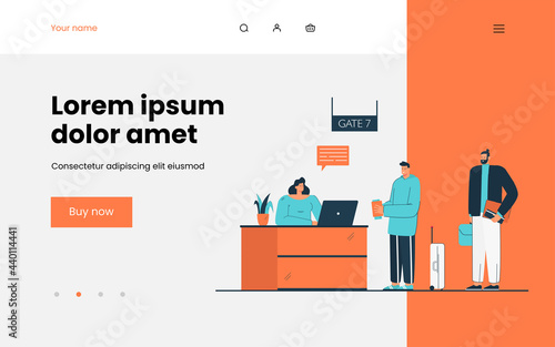 Man checking in for flight vector illustration. People standing in gate registration desk in airport. Male character waiting in line. Travelling concept for banner, website design or landing web page