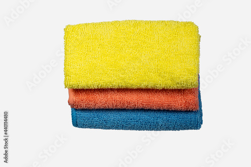 Colored cloth cleaning towels close up on a white background cleaning the house