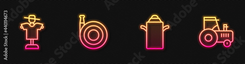 Set line Can container for milk, Scarecrow, Garden hose and Tractor. Glowing neon icon. Vector