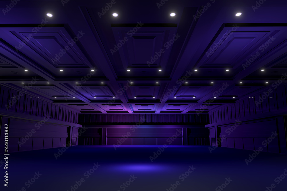 Empty convention hall center.The backdrop for exhibition stands,booth elements
.Meeting room for the conference.Big Arena for entertainment,concert,event. ballroom colorful.3d render. - obrazy, fototapety, plakaty 