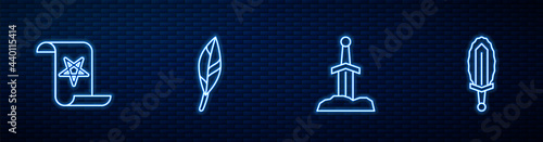 Set line Sword in the stone, Ancient magic book, Magic feather and sword fire. Glowing neon icon on brick wall. Vector