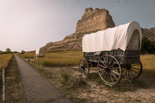 Gering, Nebraska, USA.  Covered wagon in Scotts Bluff National Monument photo