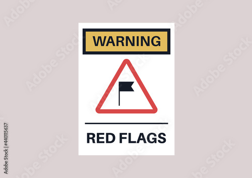 A red flag sign stylised as an industrial warning plate, relationship problems