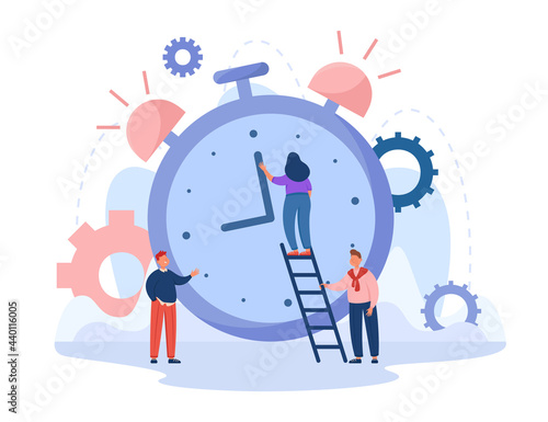 School children moving hour hand of alarm clock. Girl standing on stairs correcting chronometer flat vector illustration, boy holding stair. Time, early morning, team, countdown concept