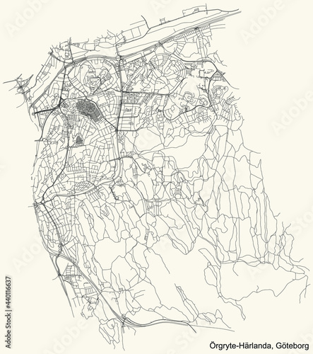 Black simple detailed street roads map on vintage beige background of the quarter Örgryte-Härlanda borough of Gothenburg, Sweden