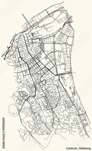 Black simple detailed street roads map on vintage beige background of the quarter Centrum (Center) borough of Gothenburg, Sweden
