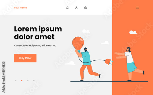 Man running away with stolen idea symbolized by light bulb. Man stealing light bulb from woman. Female character chasing thief in mask. Idea theft concept for banner, website design or landing page