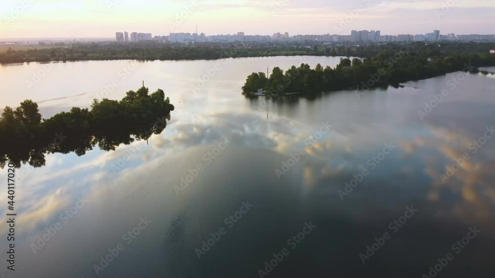 4K Aerial. Over lake in suburb. Landscape, Panorama 4K Aerial. Over lake in suburb. Landscape, Panorama