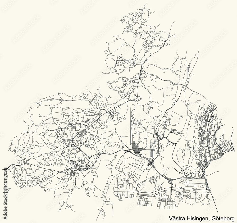 Black simple detailed street roads map on vintage beige background of the quarter Västra Hisingen (Western Hisingen) borough of Gothenburg, Sweden