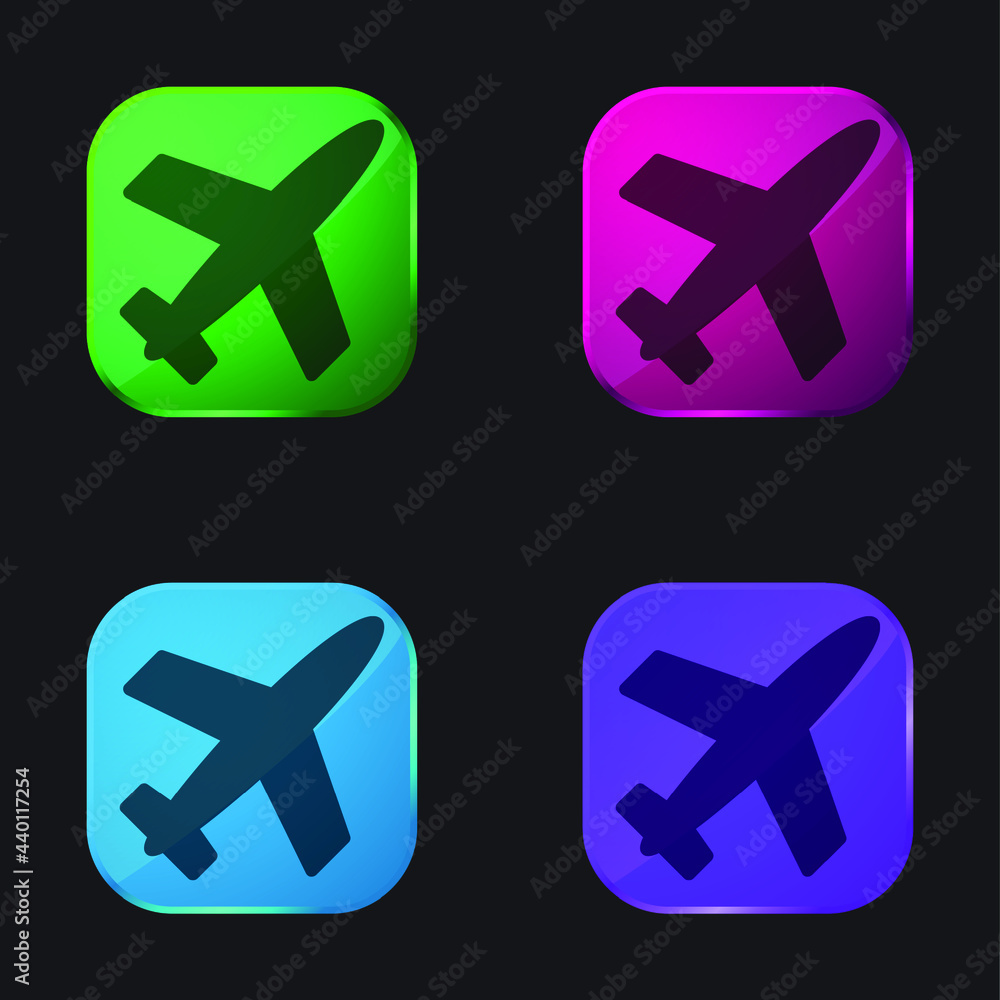 Airplane Filled Shape four color glass button icon Airplane Filled Shape four color glass button icon