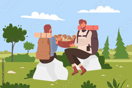 People couple hike, holding bucket of mushrooms vector illustration. Cartoon woman man hiker characters with backpacks have fun together picking edible mushrooms in green summer nature landscape