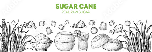 Brown Sugar Organic Unrefined. Sugar cane sketch. Hand drawn vector illustration. Sugar cane sketch. Vintage design template. Panela, Gur or jggery powder.