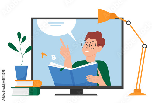 Online education, video lesson on web training course vector illustration. Cartoon teacher tutor man character teaching from computer screen, webinar or distance seminar learning isolated on white