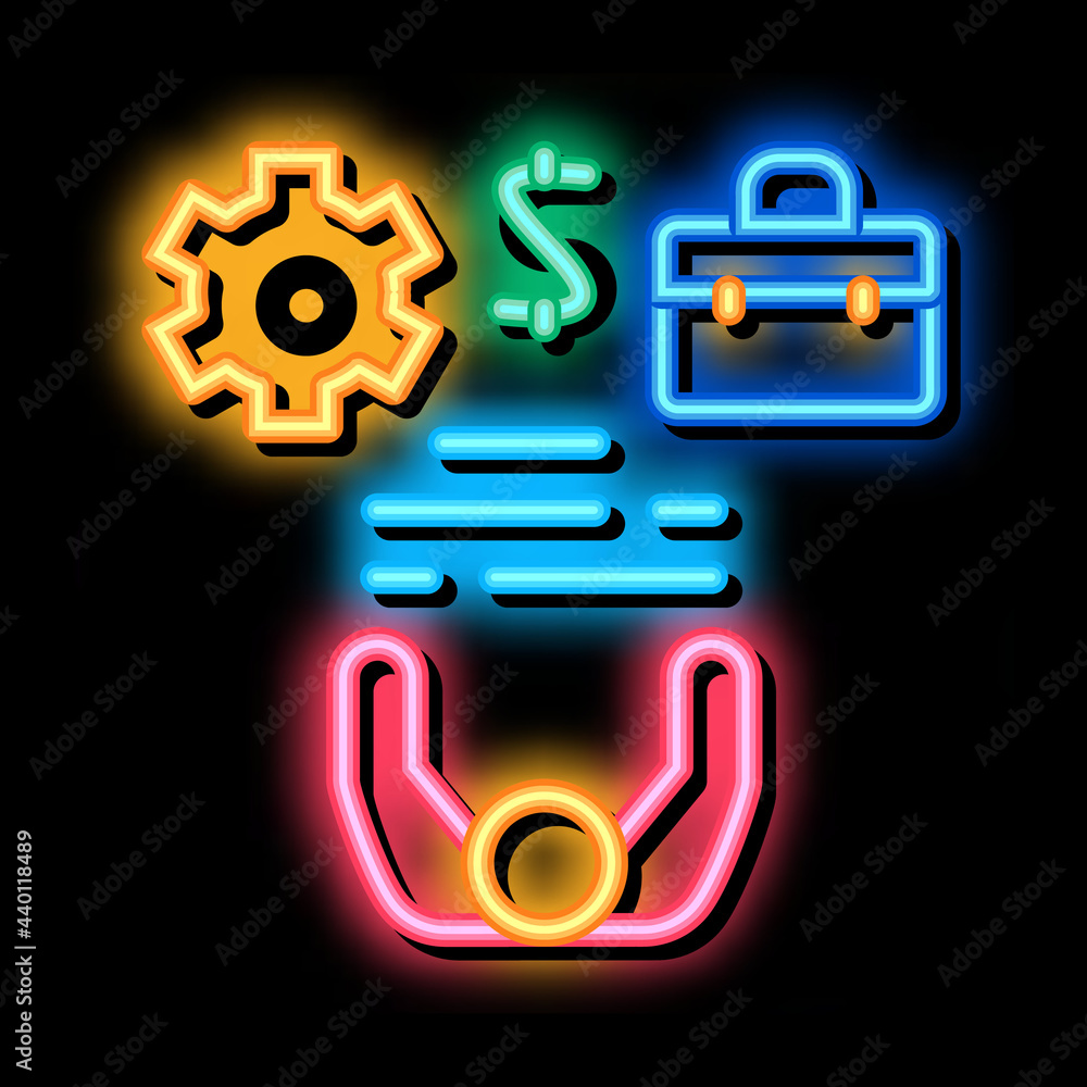 Fototapeta premium business case money and gear neon light sign vector. Glowing bright icon business case money and gear sign. transparent symbol illustration