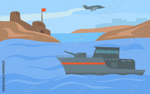 Warship with cannon on board approaching fortress from water. Cartoon vector illustration. Military plane flying over sea, preparing for siege. War, defense, military equipment concept for design