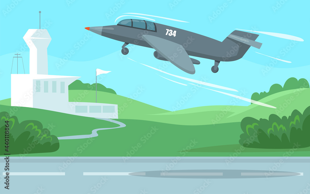 Military plane taking off. Cartoon vector illustration. Gray aircraft taking  off over runway, gaining altitude and speed. Aircraft, aviation, transport,  war, technology concept for banner design Stock Vector | Adobe Stock