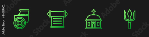 Set line Santorini building, Ancient chariot, Decree, parchment, scroll and Neptune Trident. Gradient color icons. Vector