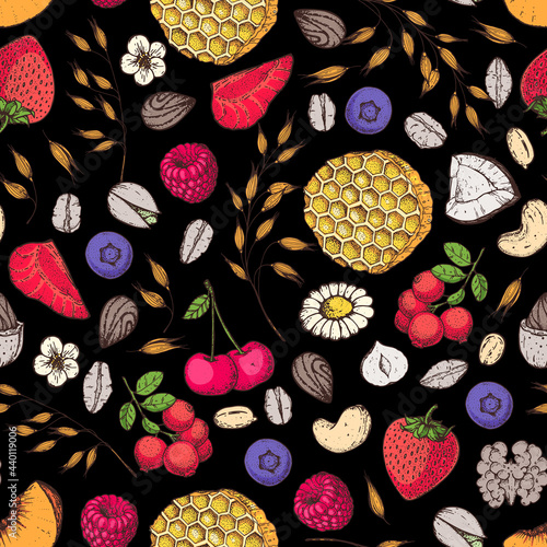 Granola , muesli seamless pattern . Oat flakes, fruits hand berries drawn. Granola Breakfast. Muesli food menu design. Hand drawn vector illustration. Granola design, porridge for breakfast