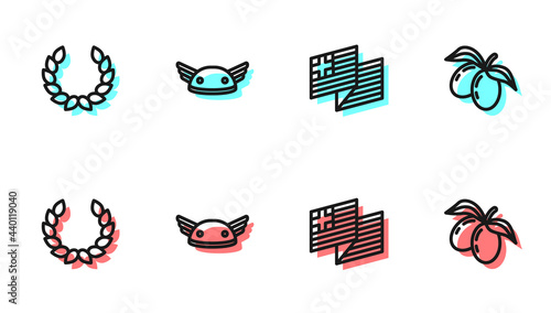 Set line Greece national flag, Laurel wreath, Helmet with wings and Olives branch icon. Vector