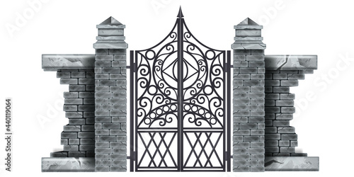 Iron wrought gothic metal gate, stone column, brick wall, decorated steel vector mansion entrance. Antique vintage architecture object, facade black Victorian grate. Classic iron gate illustration